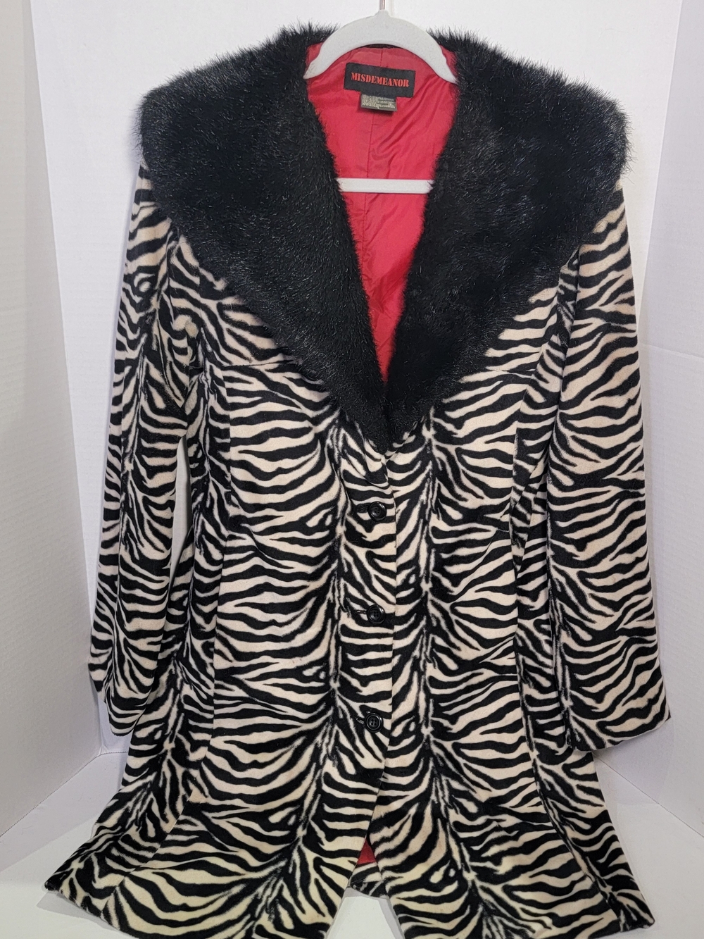 Vintage Y2k Misdemeanor Zebra Print Faux Fur Collar Coat in Black & White